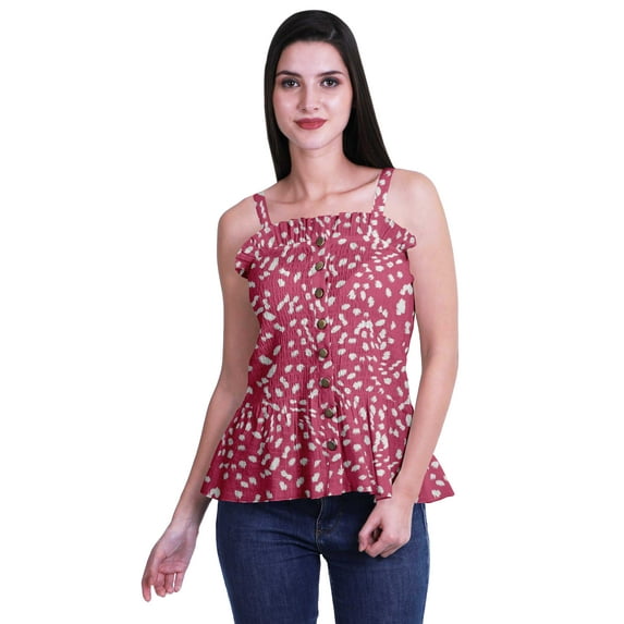 Moomaya Printed Casual Frill Smoked Full Buttoned Closure Women Fitted Crop Top
