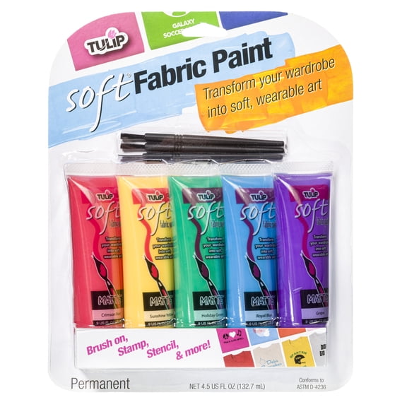 Tulip Soft Fabric Paint, Washable Fabric Paints, Includes 5 Colors and 3 Brushes