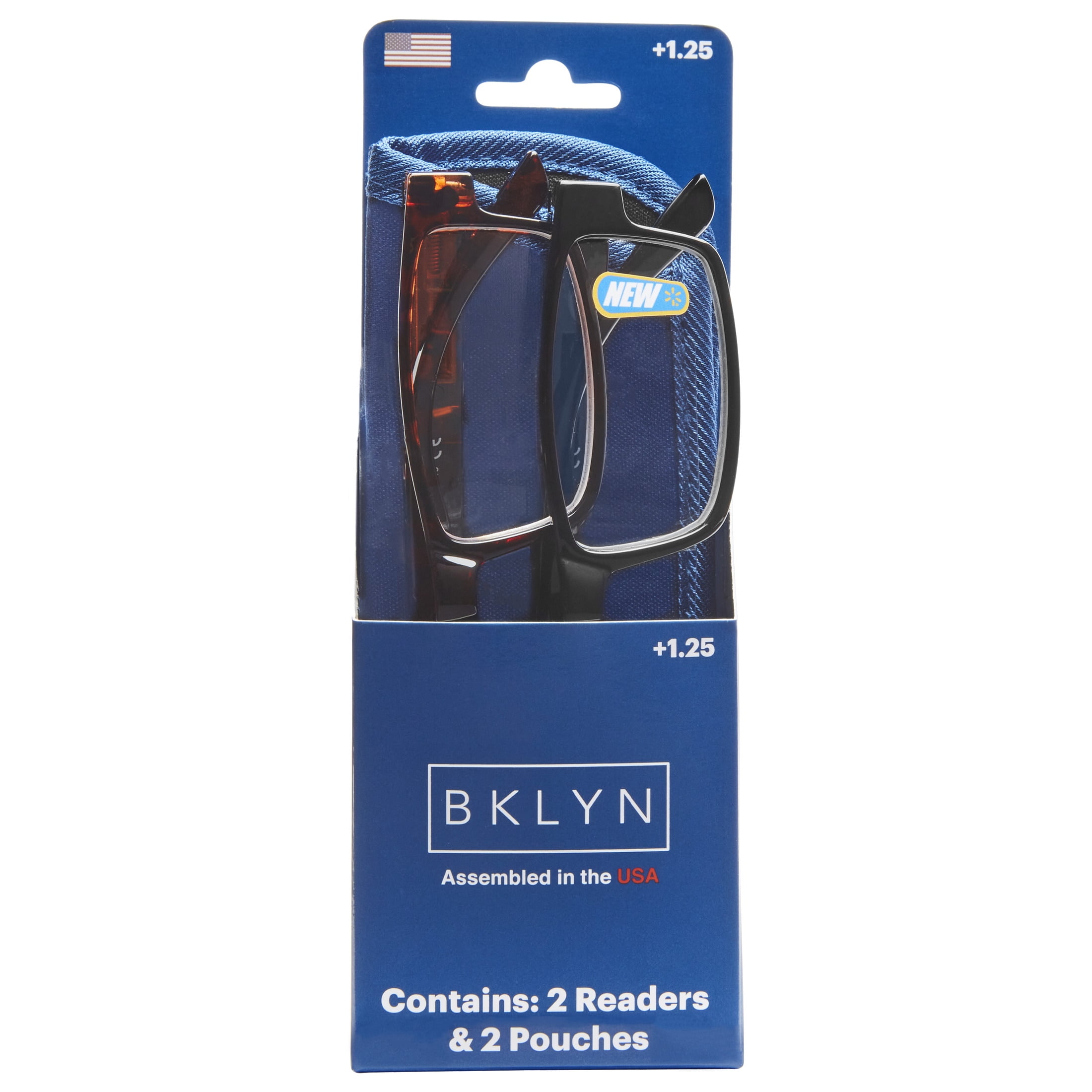 (2 pack) Bklyn, Sumner +1.25, Adult, Mens, Rectangle Plastic Reading Glasses & Pouches Value Pack , 2 Ea