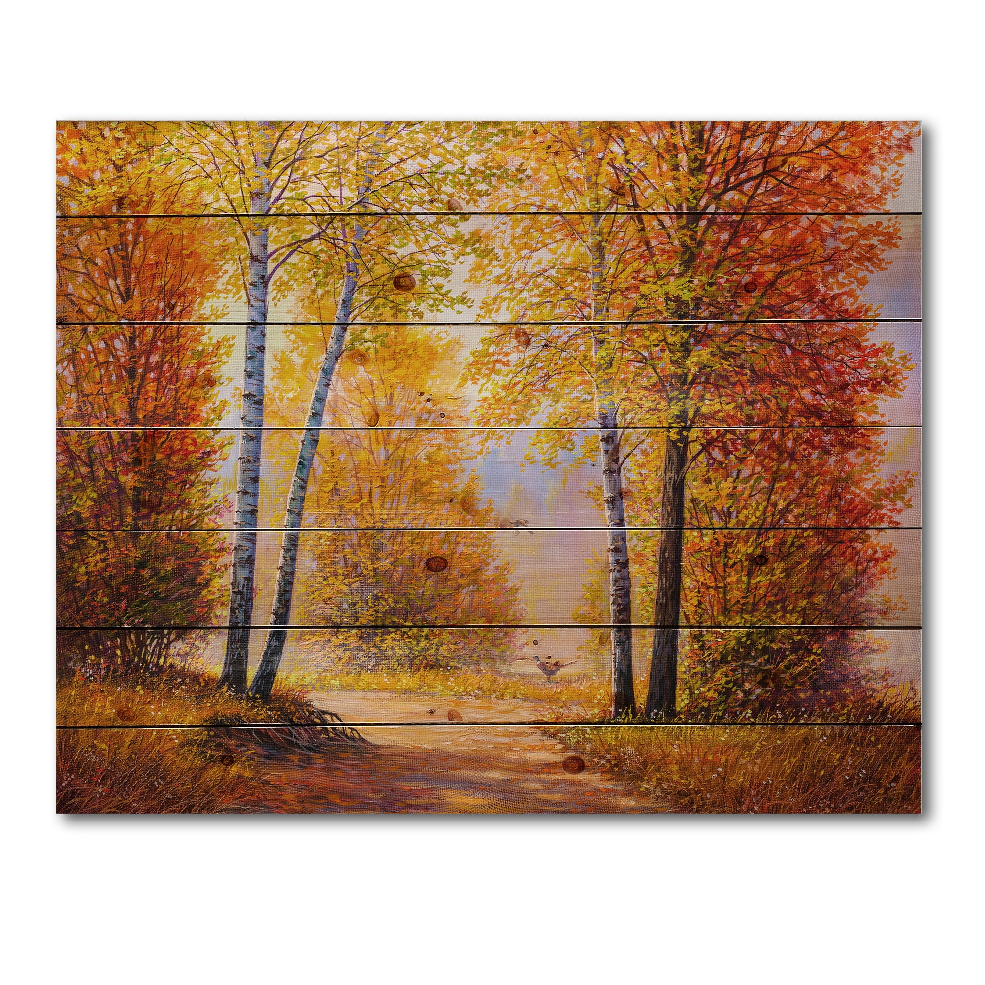 Designart 'Sunrise Glow Through The Autumn Trees' Lake House Print on Natural Pine Wood