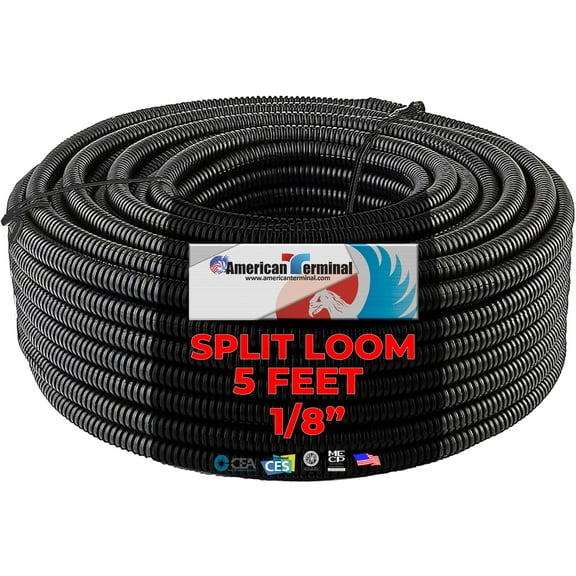 American Terminal ATSLT18-5 5' 1/8" 2.5mm Split Wire Loom Conduit Polyethylene Corrugated Tubing Sleeve Tube