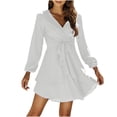 thumbnail image 2 of Pisexur Robe à Manches Longues Col en V Mode Femme Tempérament Couleur Unie Manches Longues Col en V Robe Irrégulière à Volants Robe Femme, 2 of 7