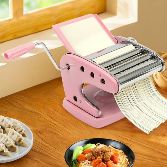 Manual Pasta Maker Machine with 3 Blades & 6 Thickness Settings, Stainless Steel Noodle Maker for Spaghetti, Fettuccine, Dumplings – Pink