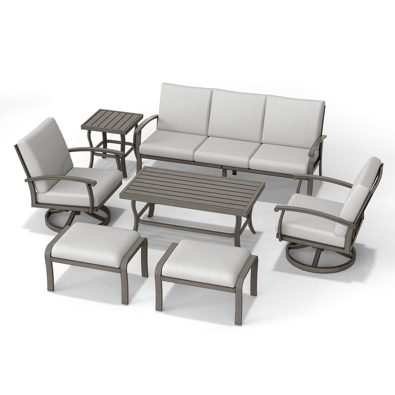 7 Piece Aluminum Patio Furniture Set, 3-Seat Outdoor Sofa with Ottoman and Swivel Armchair, Outdoor Sectional Sofa with Side Table and Coffee Table, Garden Conversation Set