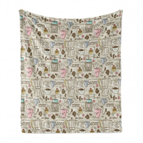 Modern Soft Flannel Fleece Throw Blanket, Coffee Time Vintage Espresso Machine Cupcakes Beans Design, Cozy Plush for Indoor and Outdoor Use, 70" x 90", Pale Pink Beige, by Ambesonne