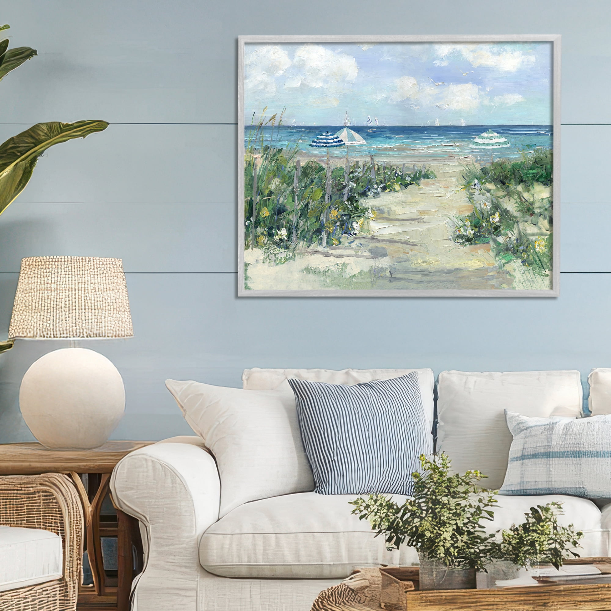 Stupell Industries Seaside Path To Striped Umbrellas Gray Framed Giclee Art, design by Sally Swatland