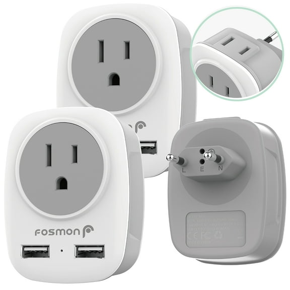 2x Fosmon European Travel Plug Adapter, Travel Power (Type C) 2 US Outlet Adapter with 2 USB-A, Dual Voltage Power Devices, USA Outlet to Most of Europe, France, Spain, Iceland, Germany, Italy, Israel