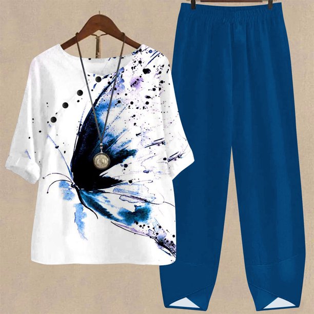 Womens 2 Piece Sets Summer Women's Summer Printed Half Sleeve Round