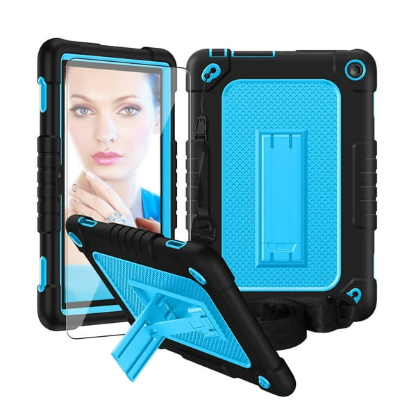 Fire HD 8 / HD 8 Plus Tablet Case 12 Gen 2022 with Screen Protector , SOATUTO Shockproof Protective Case Built in Kickstand Shoulder Strap for Fire HD 8 Kids / HD 8 Kids Pro 2020 (Black Bllue/1 Pcs)