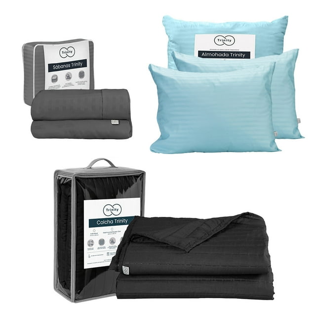 Colcha Matrimonial Acabado Ultrasónico Trinity Negro + Juego de Sábanas Trinity + 2 Almohadas Trinity