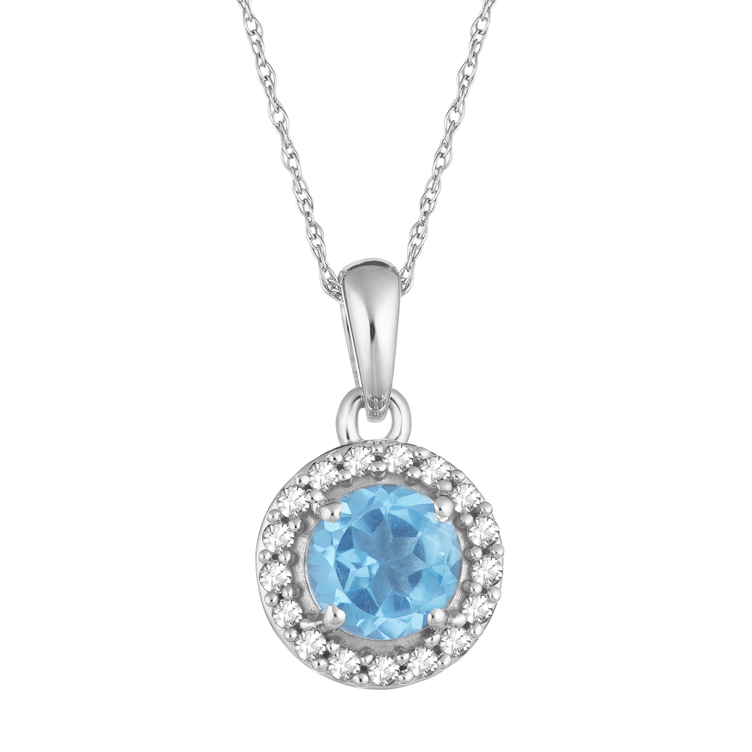 10k White Gold Swiss Blue Topaz & 1/10 Carat T.W. Diamond Halo Pendant Necklace