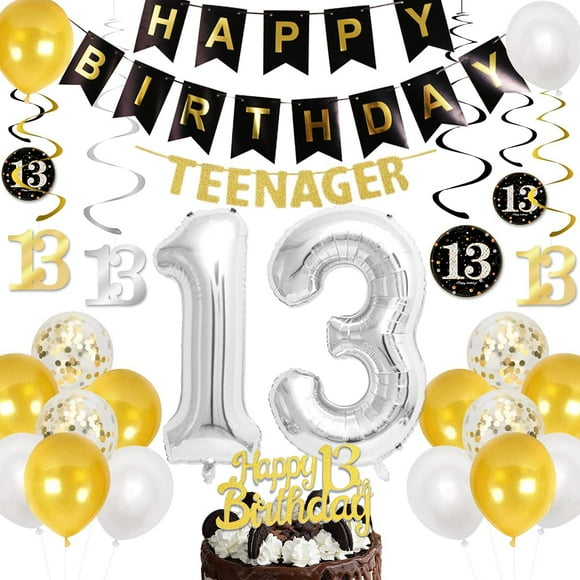 Teenager 13th Birthday Decorations for Boys Girls Black Gold 13th Birthday Balloons Decoration Supplies, Happy Birthday Banner Hanging Swirl 13 Foil Balloons for 13 Teen Birthday Party Supplies