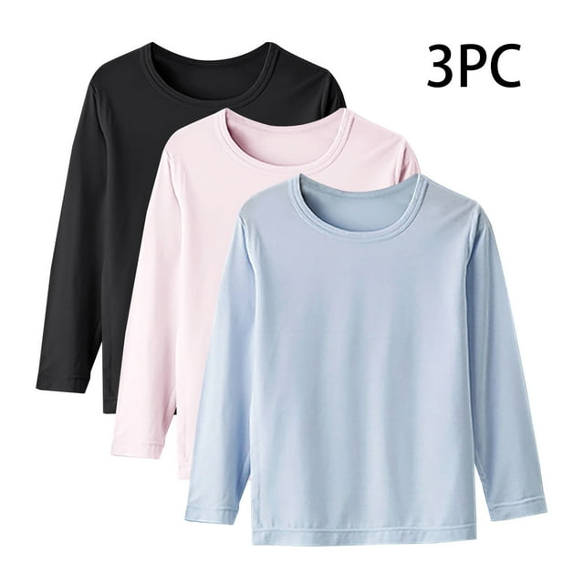 YUNAFFT Girls & Boys T-Shirts Thin Spring Autumn Base Layer Solid Color Long Sleeve Round Neck Tops 3-Pack Casual Everyday Essentials