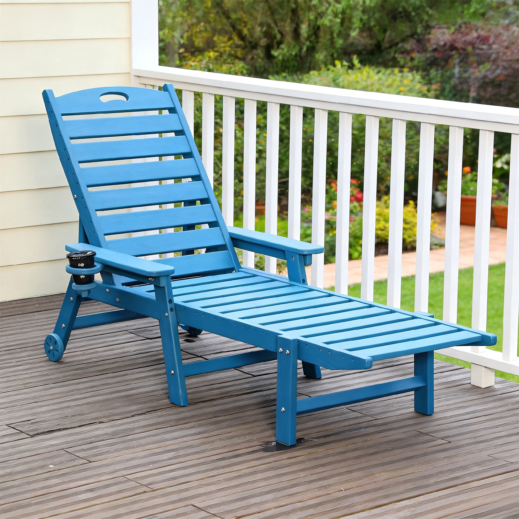 Aukfa HDPE Outdoor Patio Chaise Lounge Chair w/ Cup Holder&Wheels, 360 LBS Capacity, Blue