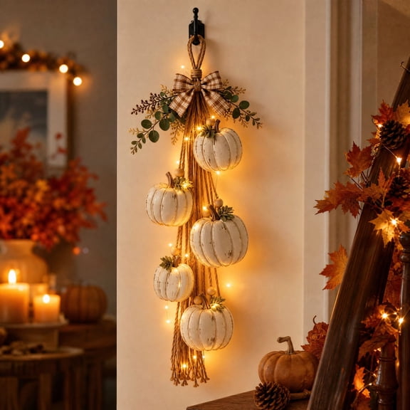 Rustic White Pumpkin Hanging Swag,5-Pumpkin Fall Wall & Door Decor, Lights | Distressed Wooden Pumpkins with Plaid Bow and Warm LED Lights for Farmhouse Fall Door Decor