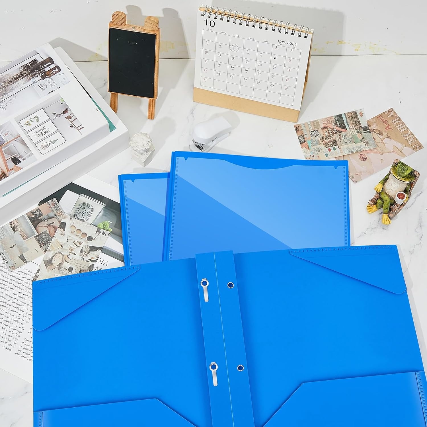 36 Pcs Plastic Folder with Clear Front Pocket and 3 Prong Plastic Folders with Card Slot Pocket Folders with Prongs for School Office (Blue)