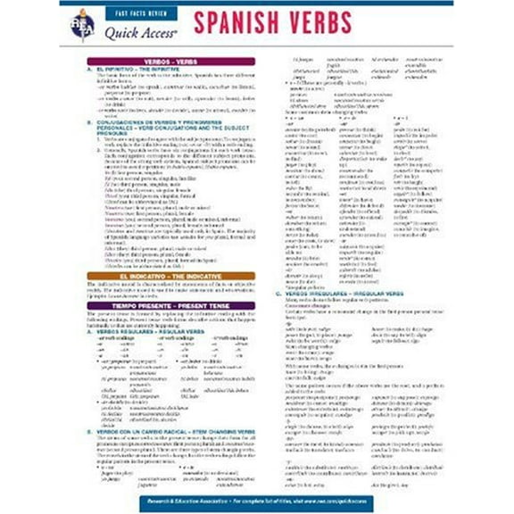 Pre-Owned Spanish Verbs - REA's Quick Access Reference Chart (Quick Access Reference Charts) (English and Spanish Edition), 9780738607504, 0738607509, Paperback, Bilingual edition