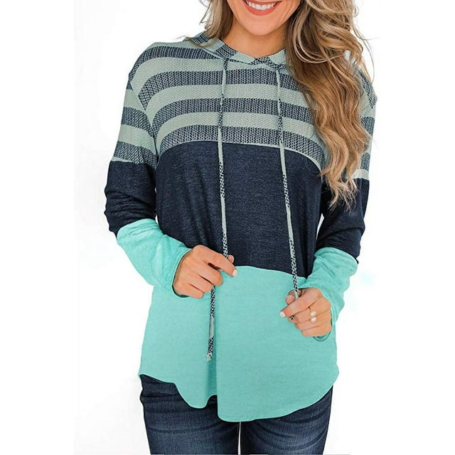 Women Sweatshirts and Hoodies Long Sleeve Drawstring Sweatshirts Color Block Striped Pullover Tops