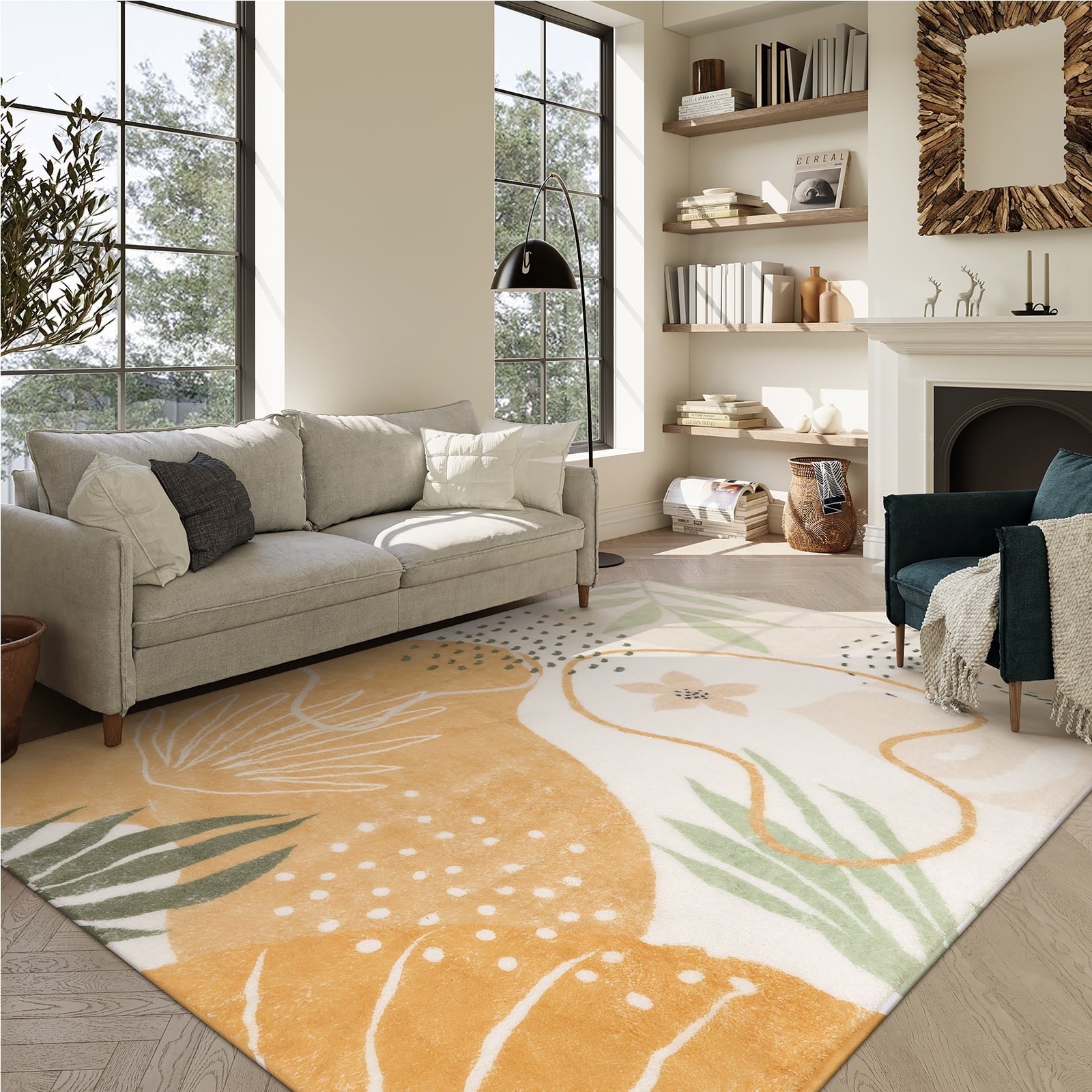 Moynesa 9'x12' Machine Washable Area Rugs,Yellow Non-Slip Large Living Room Rug Lightweight Throw Soft Carpet for Bedroom, Boho Botanical Print Ultra-Thin Indoor Rug for Dining Room