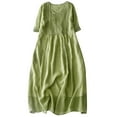 thumbnail image 1 of CHOK Robe Ample en Lin pour Femmes Plissée devant Col en V Manches Courtes Robe Midi Ample Couleur Unie Robe d'Été de Plage (X-Grand Violet), 1 of 3