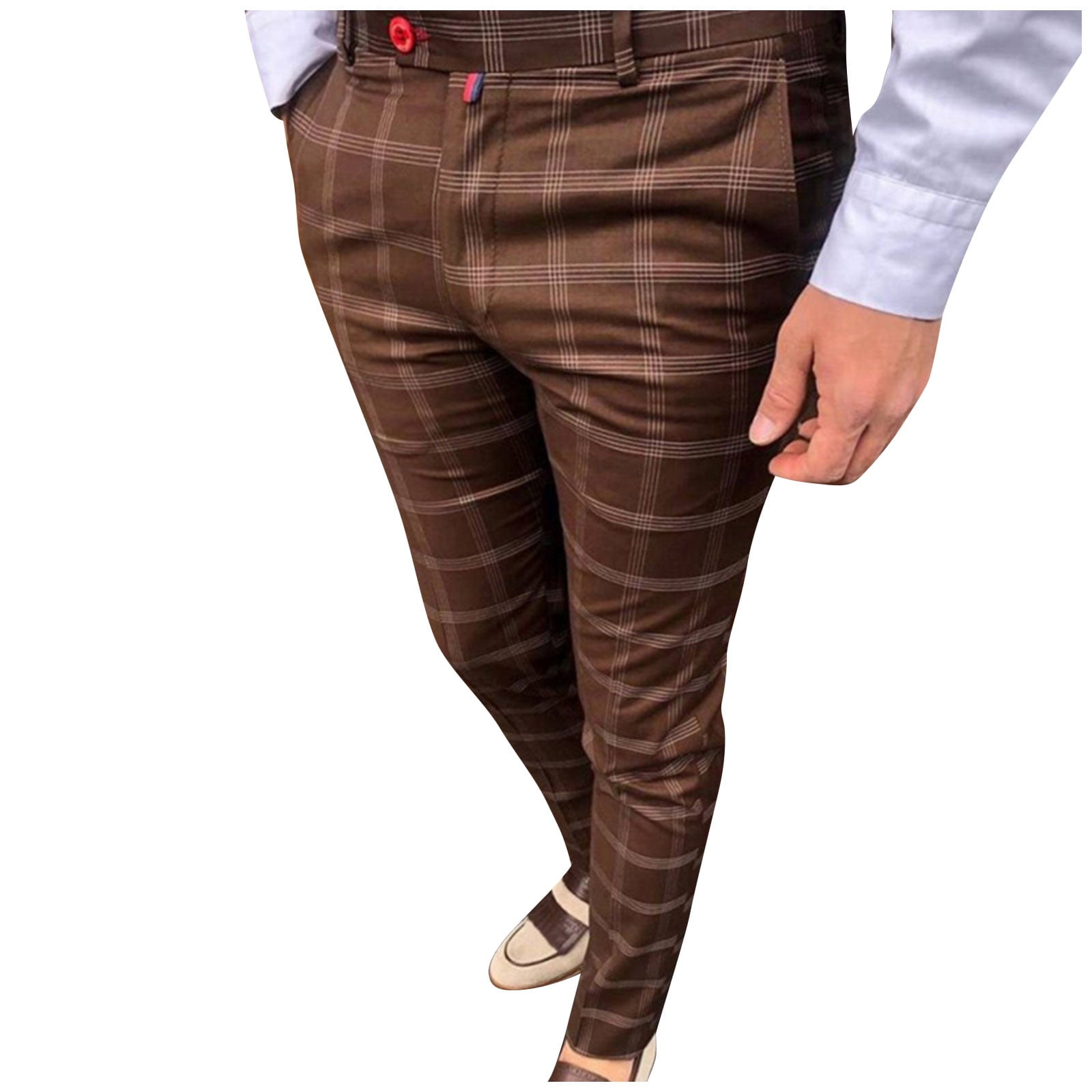 Hanas 2023 Mens Pants Men's Fashion Stretch Dress Pants Slim Fit Plaid Pants  Business Suit Pants Casual Golf Pants Brown L 