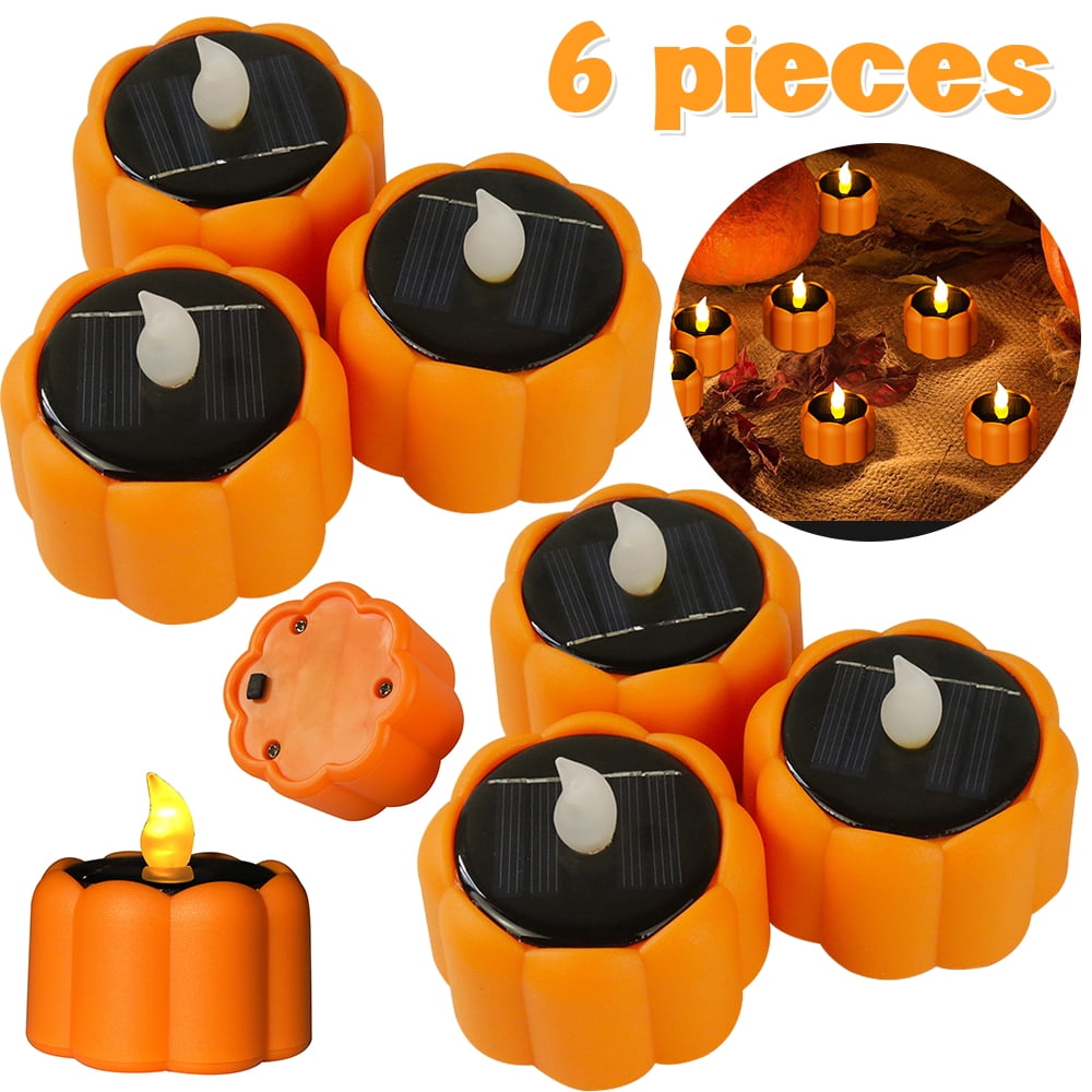 LNKOO 6pcs Pumpkin Candles Halloween Decorations Solar Powered Tea Lights Waterproof Outdoor