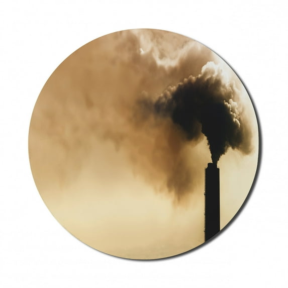 Industrial Mouse Pad for Computers, Heavy Smoke of Industrial Chimney Pollution Contamination Environment, Round Non-Slip Thick Rubber Modern Gaming Mousepad, 8" Round, Pale Brown Black, by Ambesonne