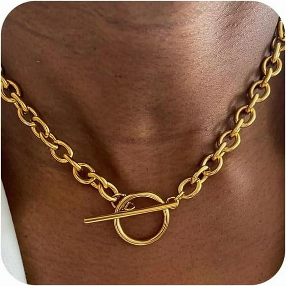 Gold Chunky Necklace for Women 14K Gold Plated Chain Clasp Toggle Necklaces Paperclip Statement Link T-Bar Clasp Dainty Gold Necklace Jewelry Gifts