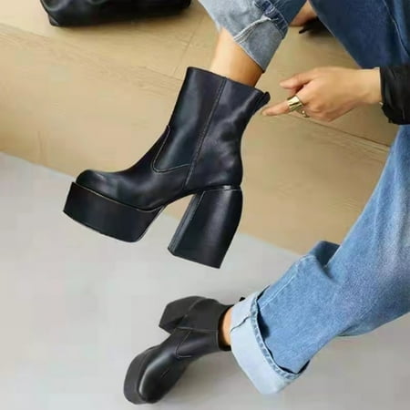 

Tejiojio Fall Clearance Women s Profiled Heel Thick Heel High Heel Short Boots Dark Black Punk Style Short Boots