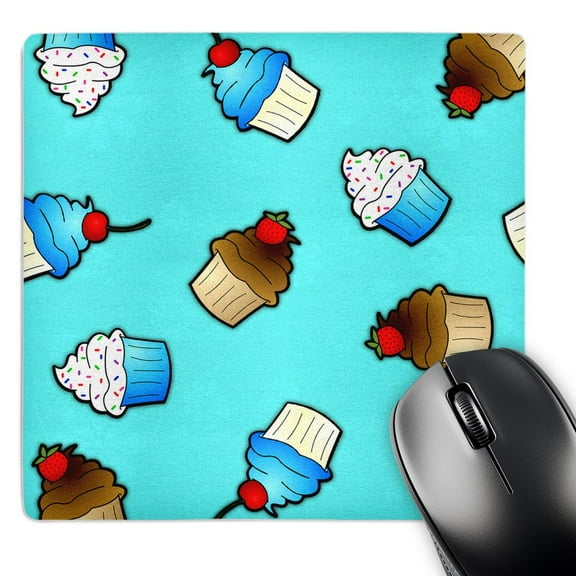 3dRose, Cute Cupcake Print Blue and Chocolate on Light Blue, MousePad
