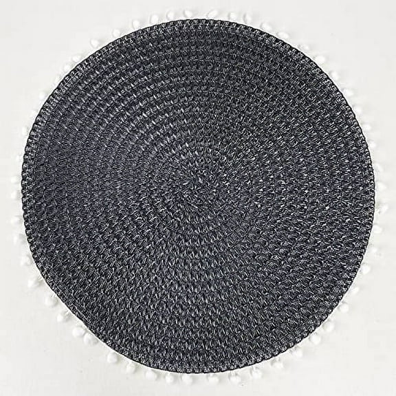 Fennco Styles Pom Pom Textured Placemats 15 Inches Round, Set of 4 – Black Modern Traycloth Table Mats for Home, Dining Room Décor, Banquets, Indoor & Outdoor and Special Events