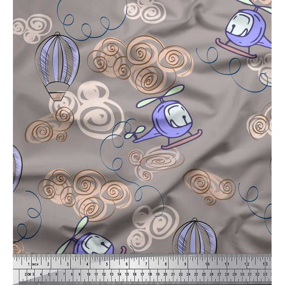 Soimoi Modal Satin Fabric Clouds,Hot Air Balloon & Helicopter Transport Printed Fabric 1 Yard 42 Inch Wide