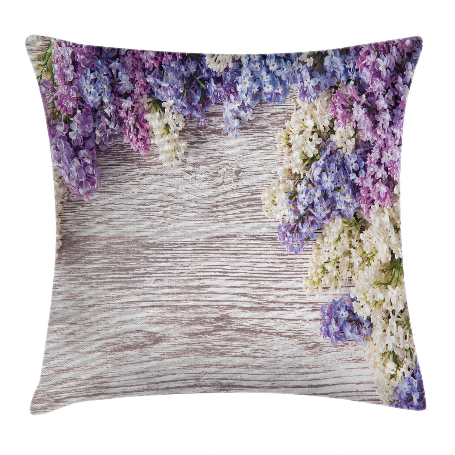 Rustic Throw Pillow Cushion Cover, Lilac Flowers Bouquet on Wood Table