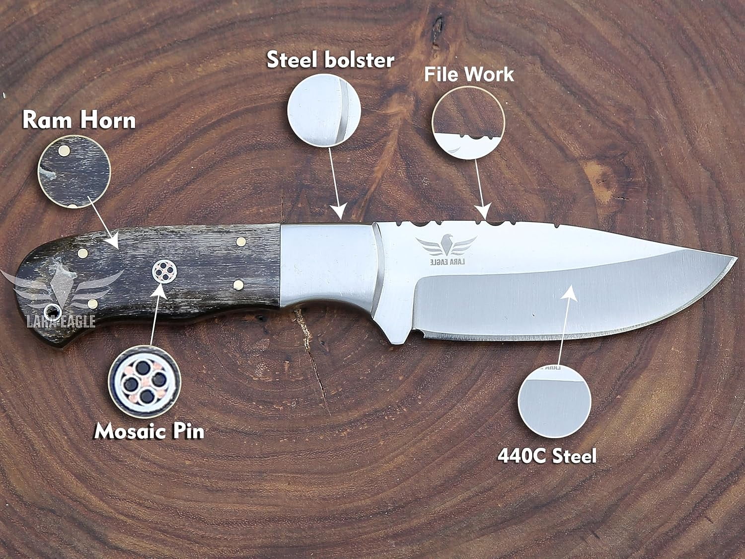 Lara Eagle Damascus Hunting Knife - Fixed Blade Handmade Skinner with Sheath - 7.5 inch Survival Knife Great for Camping - Camel bone Handle with mosaic pin
