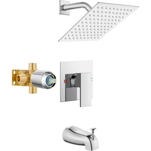 Shower Faucet Set with Tub Spout Bathtub Faucet Kit Complete Tub Shower Trim Kit with Solid Brass Rough-in Valve and 8 Inch Square Rainfall Showerhead Bent Shower Arm Chrome Polish