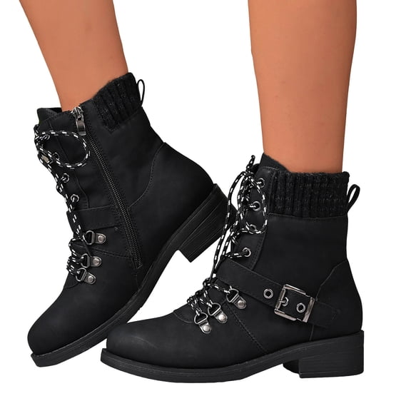Ankle Boots for Women Vintage Leather Lace up Low Heel Short Riding Booties Casual Comfy Stretch Knit Trendy Buckle Strap Zipper Mid Calf Motorcycle Boots Black Size 8