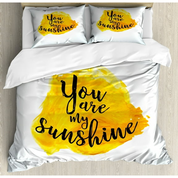 Quotes Decor Queen Size Duvet Cover Set, Inspirational Phrase on Watercolors Irregular Set Motto Mindful Life Image, Decorative 3 Piece Bedding Set with 2 Pillow Shams, Yellow Black, by Ambesonne