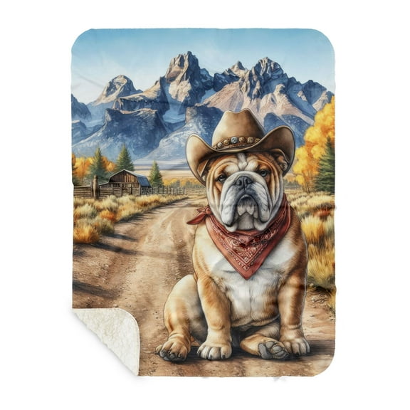 Welcome Fall Western Cowboy Bulldog Enjoys Majestic Autumn Cozy Sherpa Blanket Dog Lover Gifts Idea Warm Soft Throw Blanket - 01007