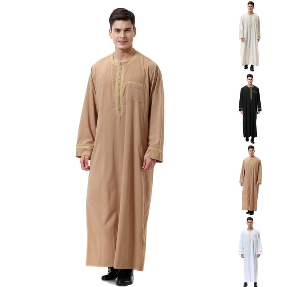 XUNKUSGA Cotton Linen Muslim Gown Shirt Casual Long Sleeve Button Down Mens Robe Breathable Skin Friendly Full Long Thobe for Men with Pocket,Brown,XL