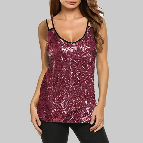 Ersazi Women's Slim-Fit Tank in Clearance Women's Fashion Suspender V-Neck Sleeveless Sequin Tank Tops Pink M