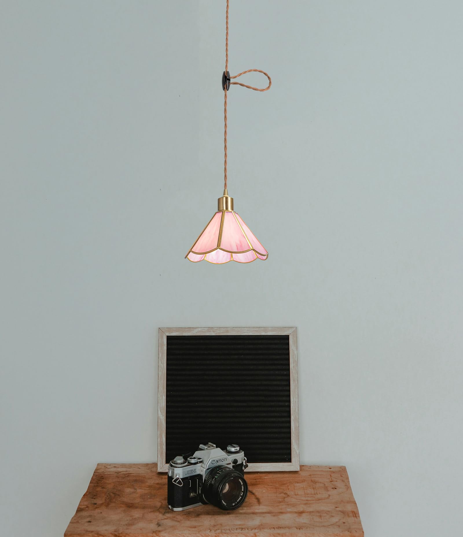 KAYYELAMP J-Type Pink Glass Track Lighting E26 Brass Base Cord Adjustable Vintage Design 3.9 Feet for Kitchen Restaurant(No Bulb, Track)