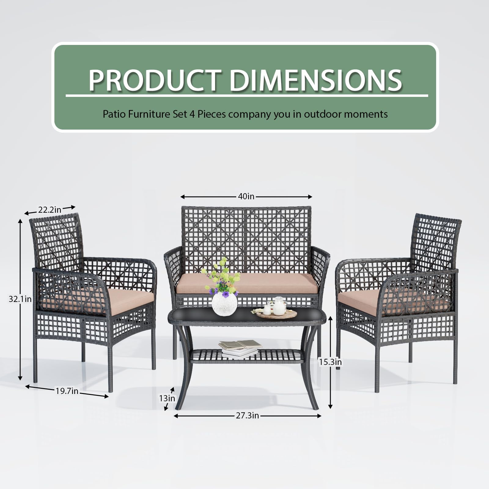 Tappio 4 Piece Outdoor Rattan Furniture Patio Conversation Set, Wicker Sofa Outdoor Patio Sets with Cushions and 2-Tier Table for Yard, Pool or Backyard, Beige