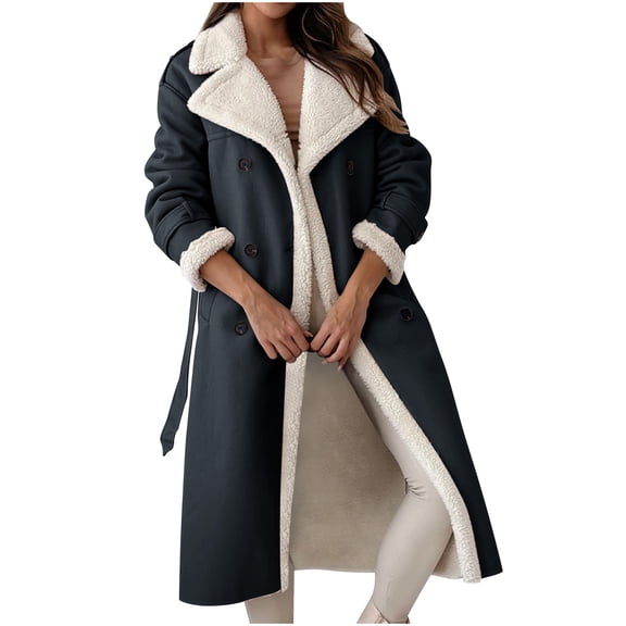 UYISJ Overcoats Sherpa Lined Womens Winter Coats Trendy Notched Lapel Long Fleece Jacket Warm Slim Fit Outerwear L