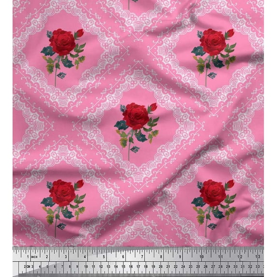 Soimoi Japan Crepe Satin Fabric Check,Leaves & Rose Floral Print Fabric by The Yard 42 Inch Wide
