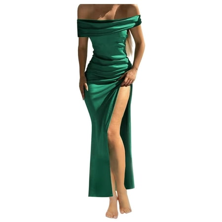 Efsteb Trendy Prom Dresses for Women Formal Short Sleeve Dress Cocktail Party Solid Color Dress Elegant One Shoulder Side Slit Dresses Stretch Slim Bag Hip Long Dress Clearance Green XL