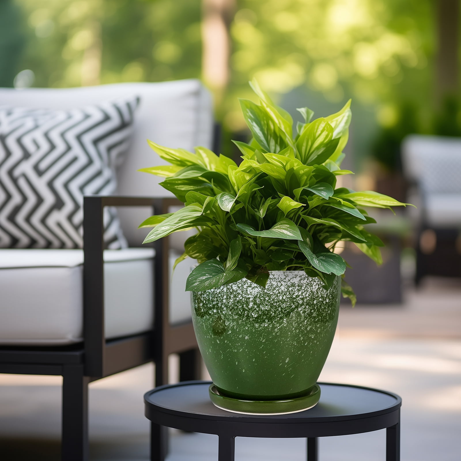 EPFamily 8-Inch Green Ceramic Planter with Drainage Hole and Saucer – Indoor Outdoor Drip Glaze Plant Pot for Houseplants, Snake Plant, Pothos