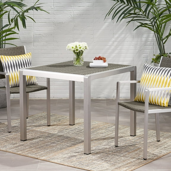 Outdoor Dining Table - Anodized Aluminum - Wicker Table Top - Square - Silver and Gray - 35"