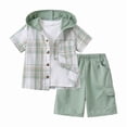 thumbnail image 2 of Fdqin Boys Shorts Sets 2Pcs Plaid Short Sleeve Hooded Button Shirt and Jogger Shorts Summer Outfits for Kids Light Green 5-6 Years, 2 of 9