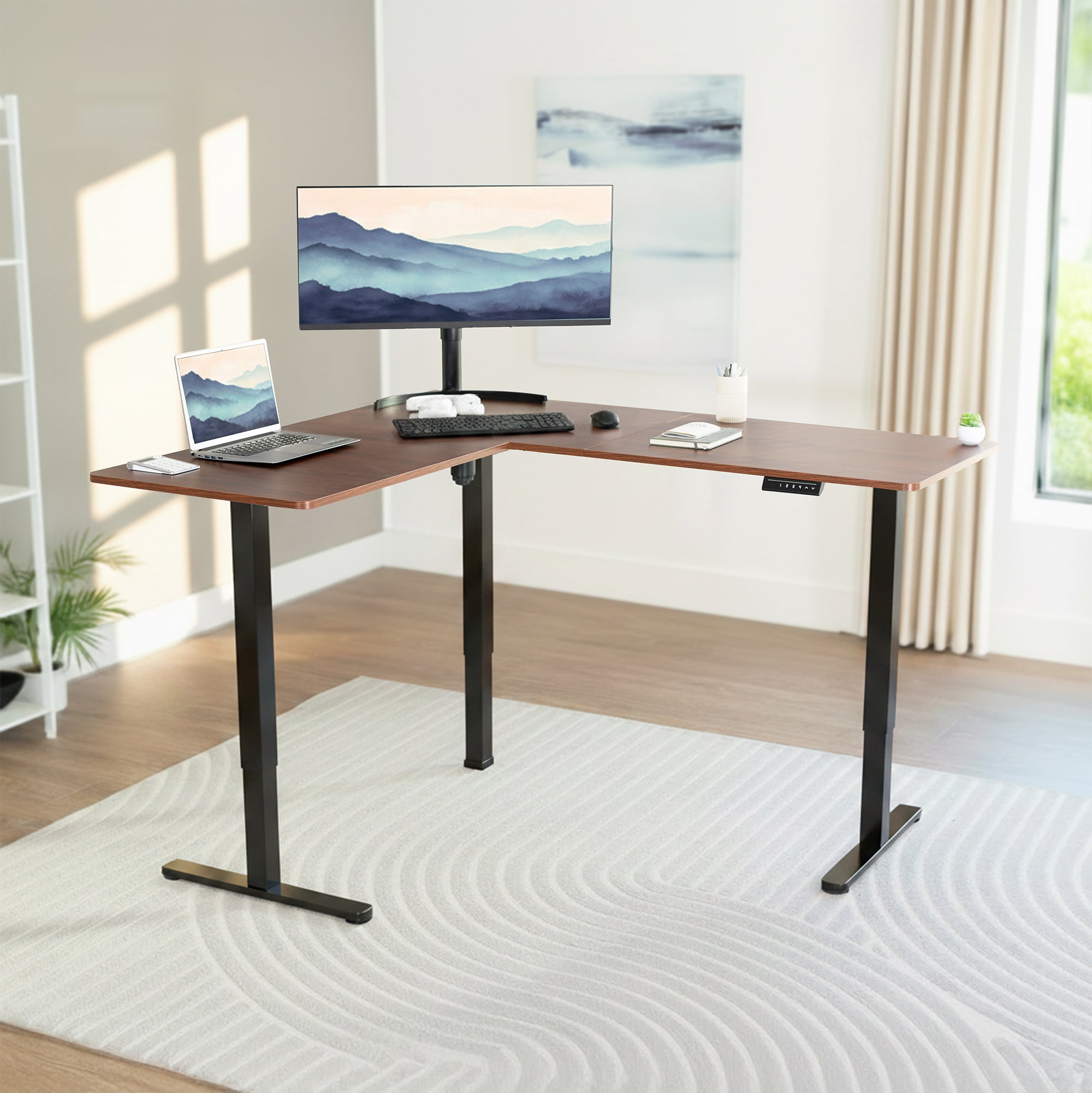 VIVO Dark Walnut / Black Electric 63" x 55" Corner Desk, L-Shaped Workstation
