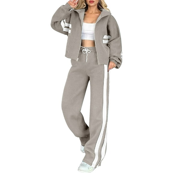 Womens Fall Sweatsuit 2 Peice Outfits Zip Up Striped Y2K Jacket Wide Leg Pants Matching Tracksuit Set Gray 4XL